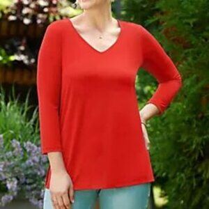 Susan Graver Red Liquid Knit V-Neck Tunic 3/4 Sleeve-5X Petite Length-NWT